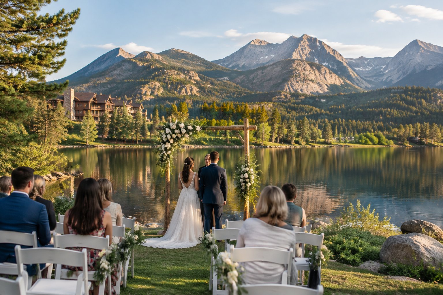 An outdoor wedding ceremony beside a mountain lake, with the Rocky Mountains in the background.
