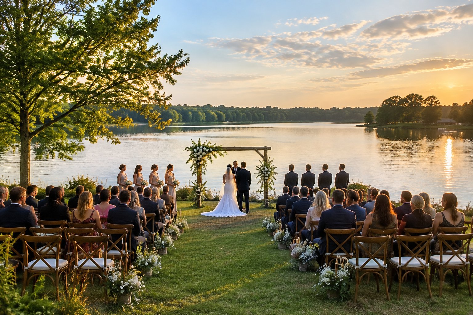 A wedding ceremony setup on a grassy lawn beside a lake.
