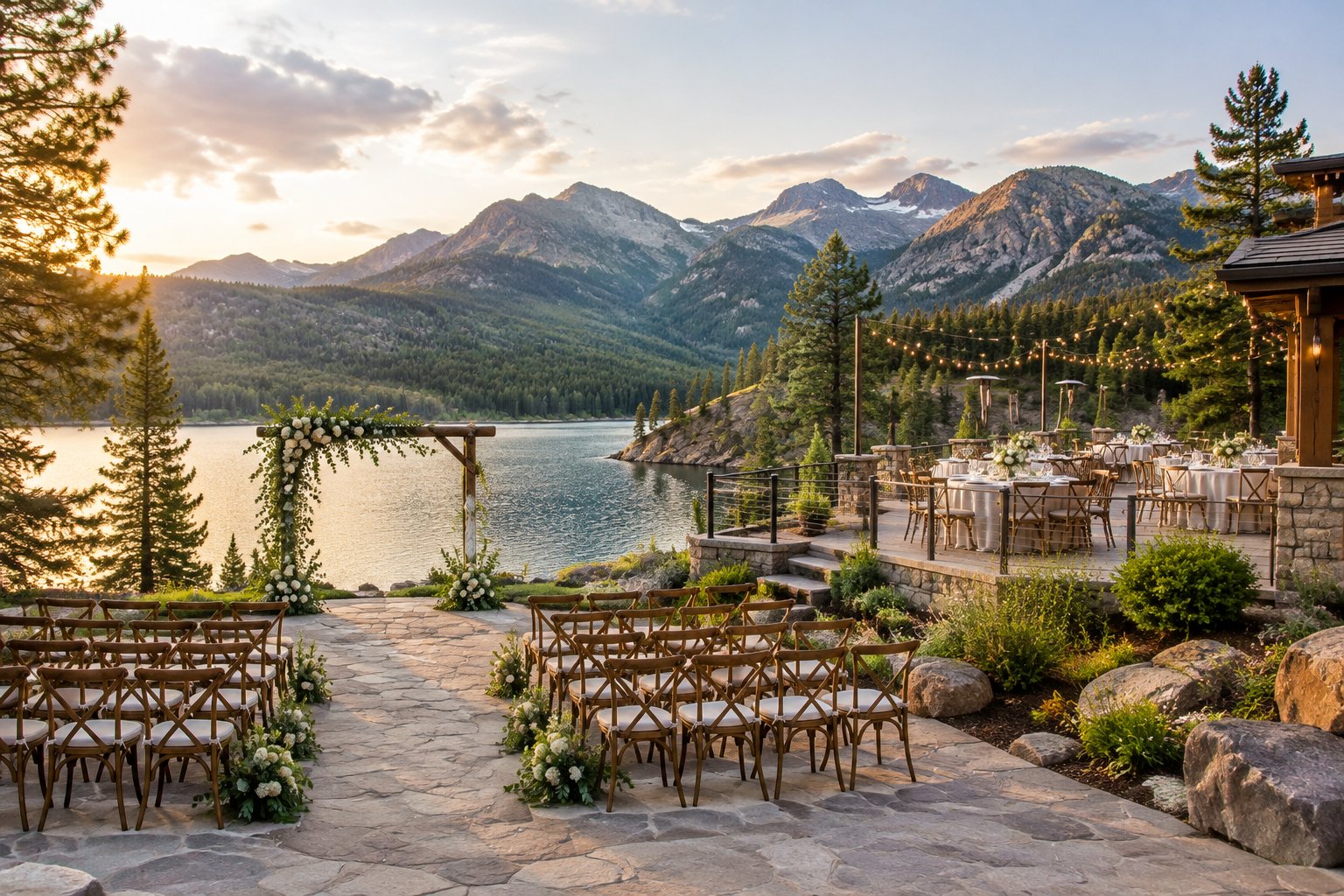A lakeside wedding ceremony area and reception terrace overlook a mountain lake.