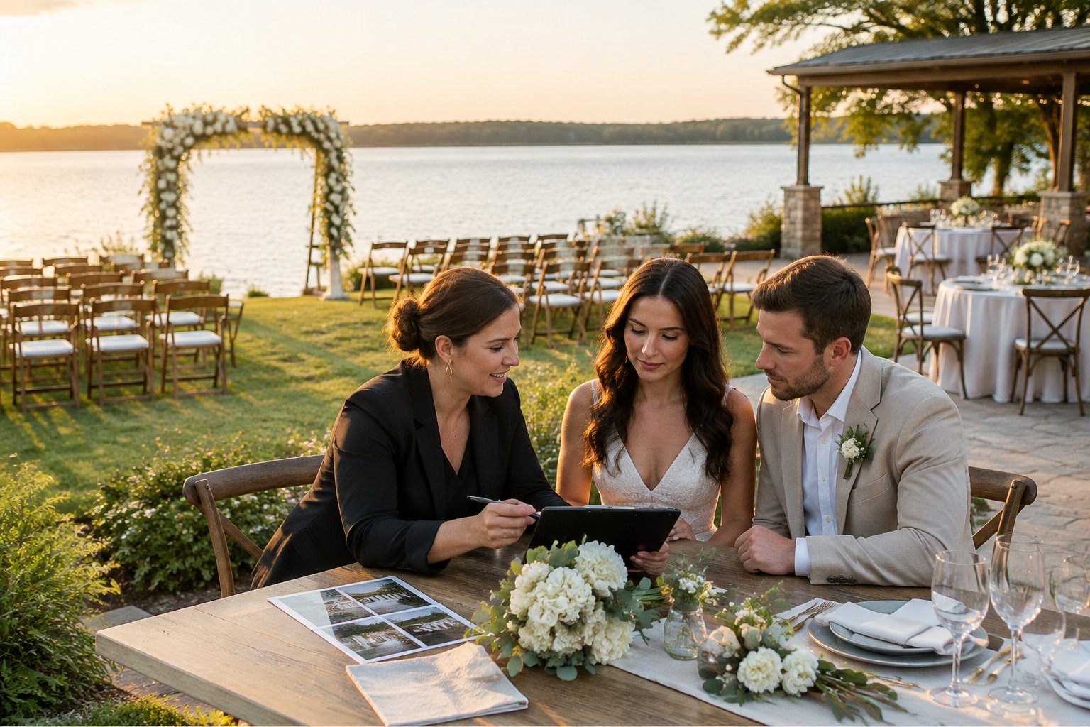 A couple and wedding planner review plans beside a lakeside wedding ceremony setup.