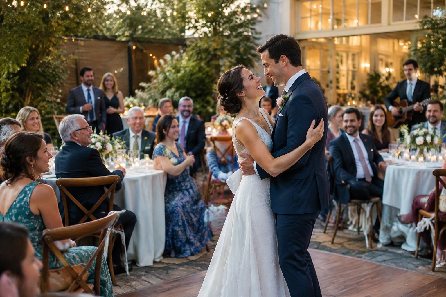A newlywed couple celebrates with family and friends at an intimate wedding reception.
