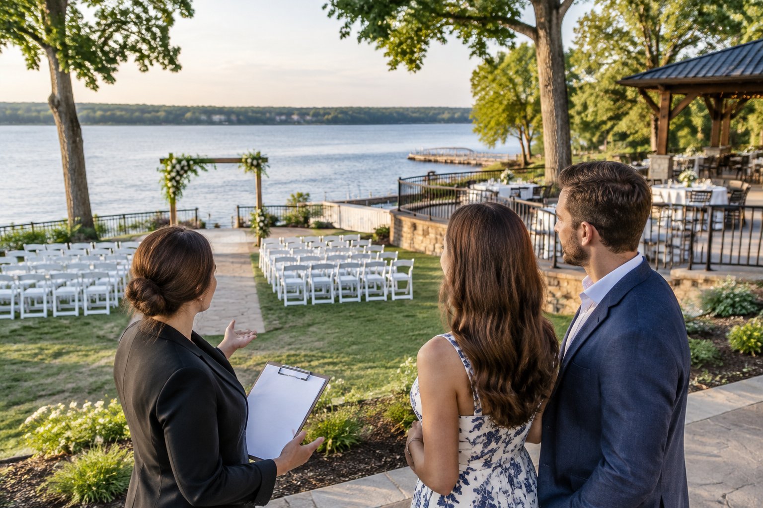 A couple and wedding planner compare an outdoor wedding venue beside a lake.