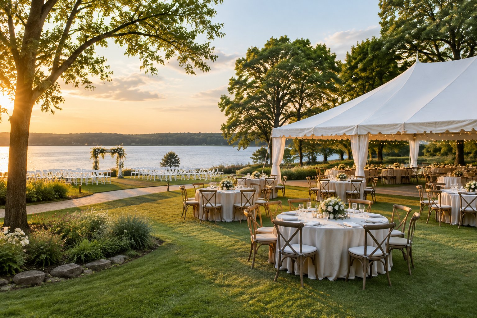 A wedding reception setup on a lawn beside a lake.