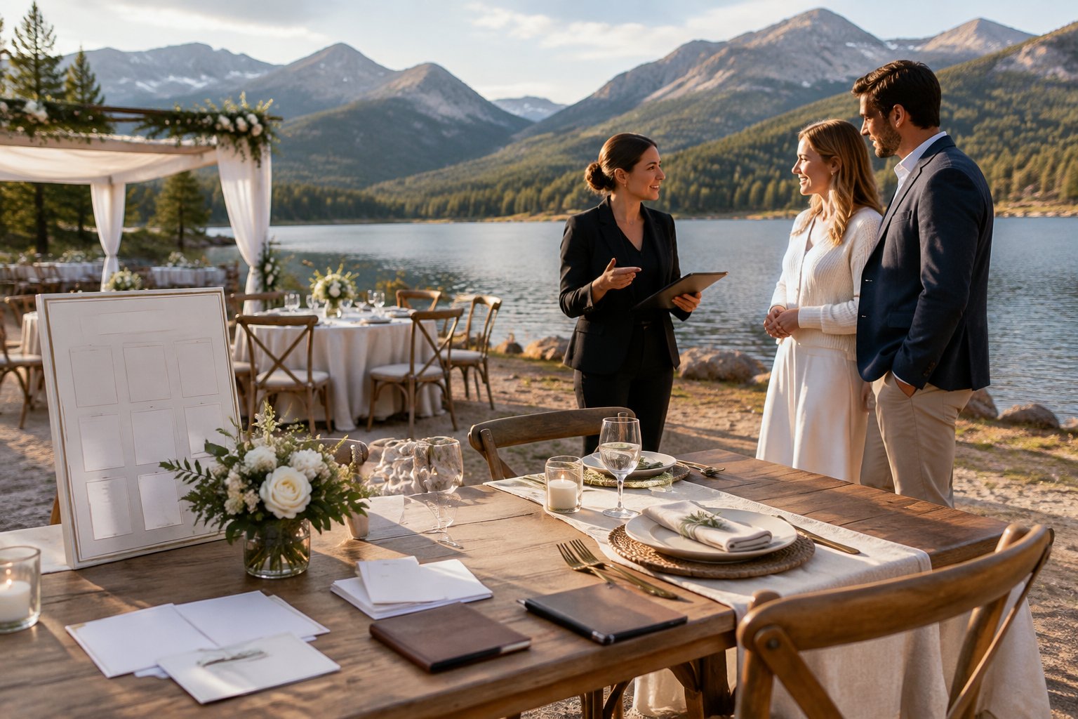 A couple and venue coordinator review wedding plans beside a lakeside reception table with mountains in the background.