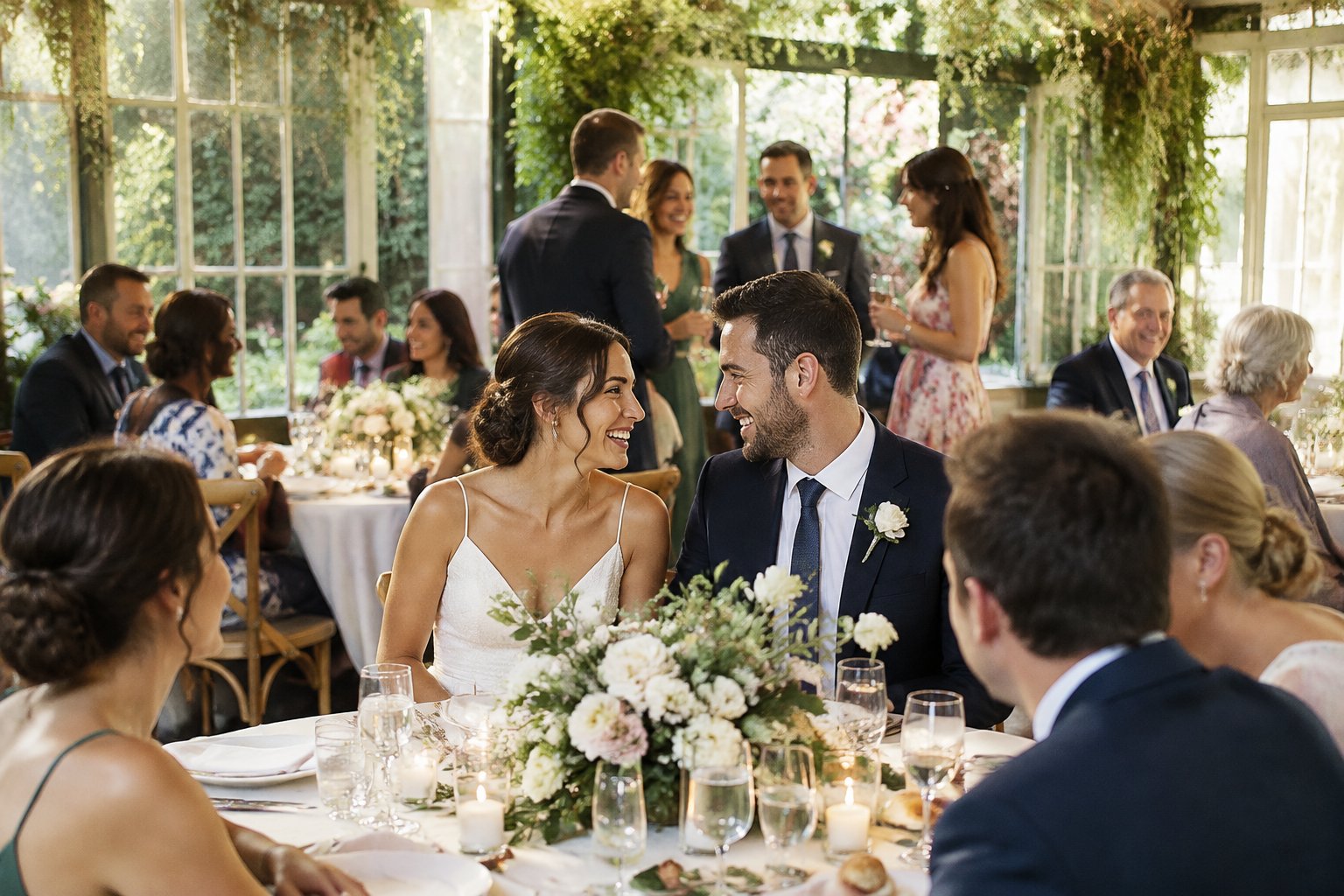 A newly married couple celebrates with guests at an intimate wedding reception.