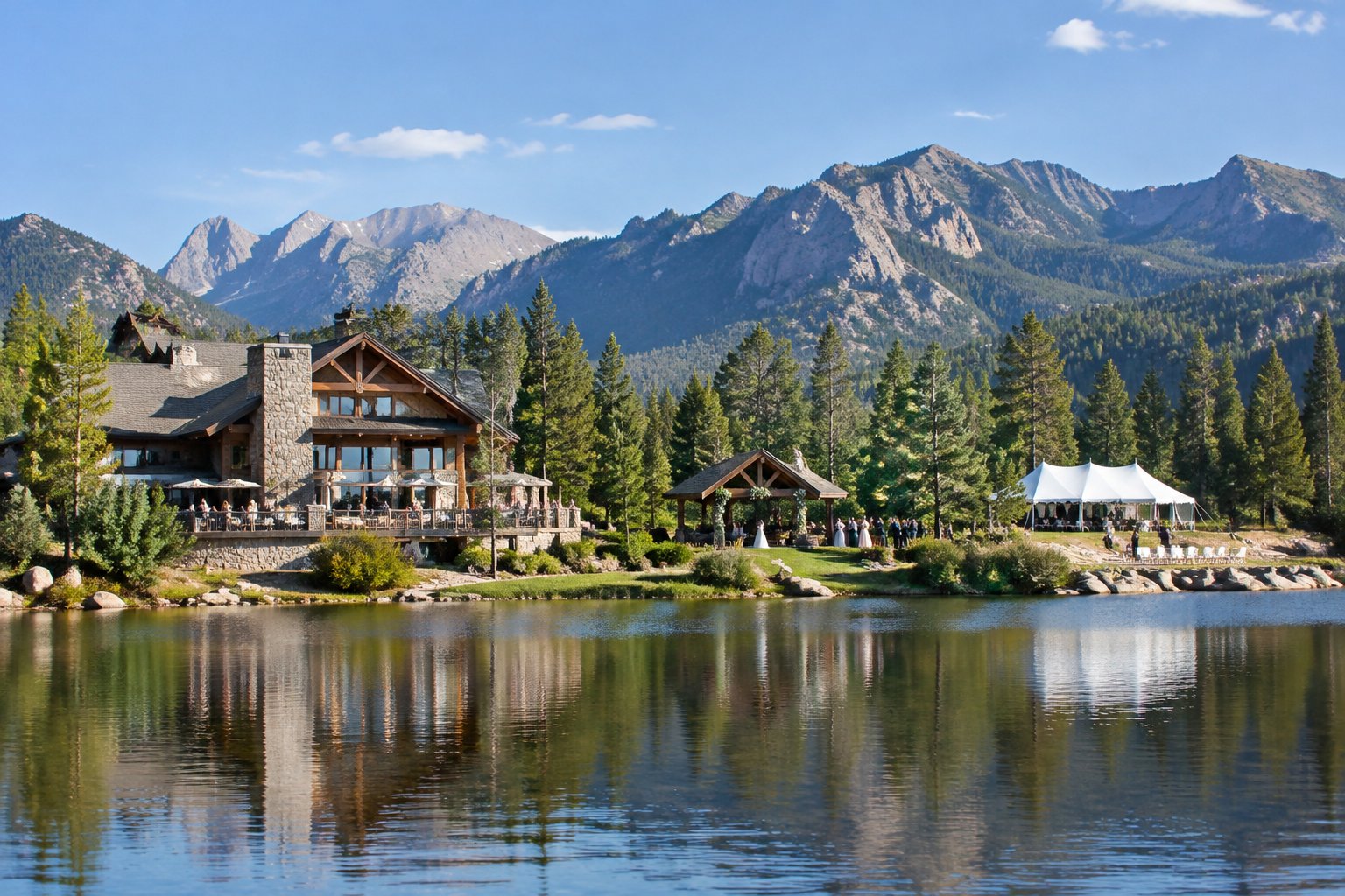 A mountain resort and lakeside wedding pavilion sit beside a calm lake in Estes Park.
