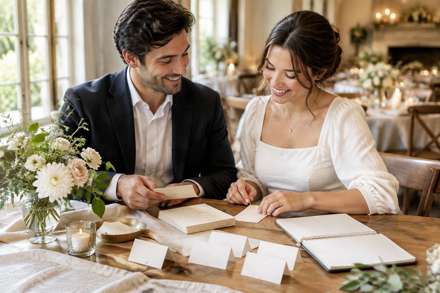 A couple arranges blank invitations and place cards while planning an intimate wedding.