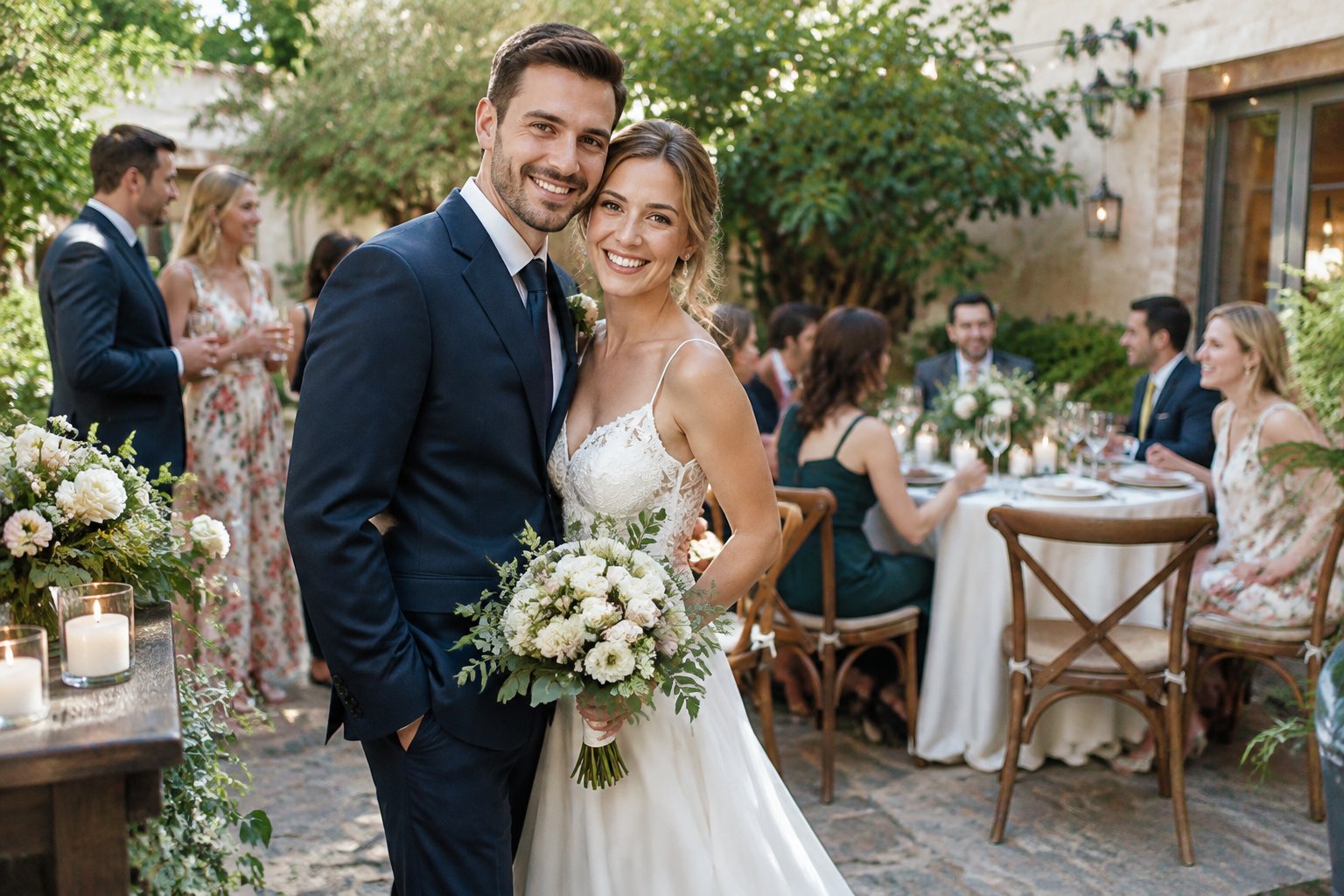 A couple celebrates their wedding with a small group of guests in an intimate venue.
