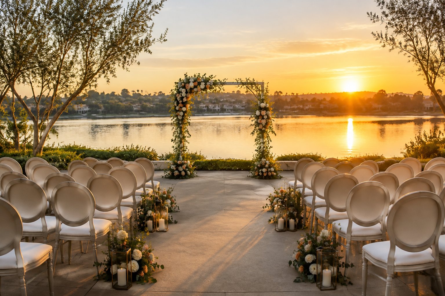 An outdoor wedding ceremony setup beside a lake.