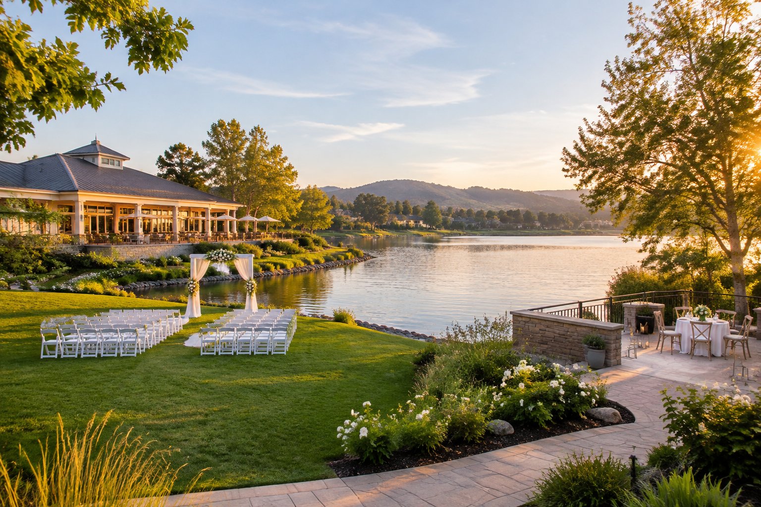 Several wedding venue settings sit beside a calm lake.