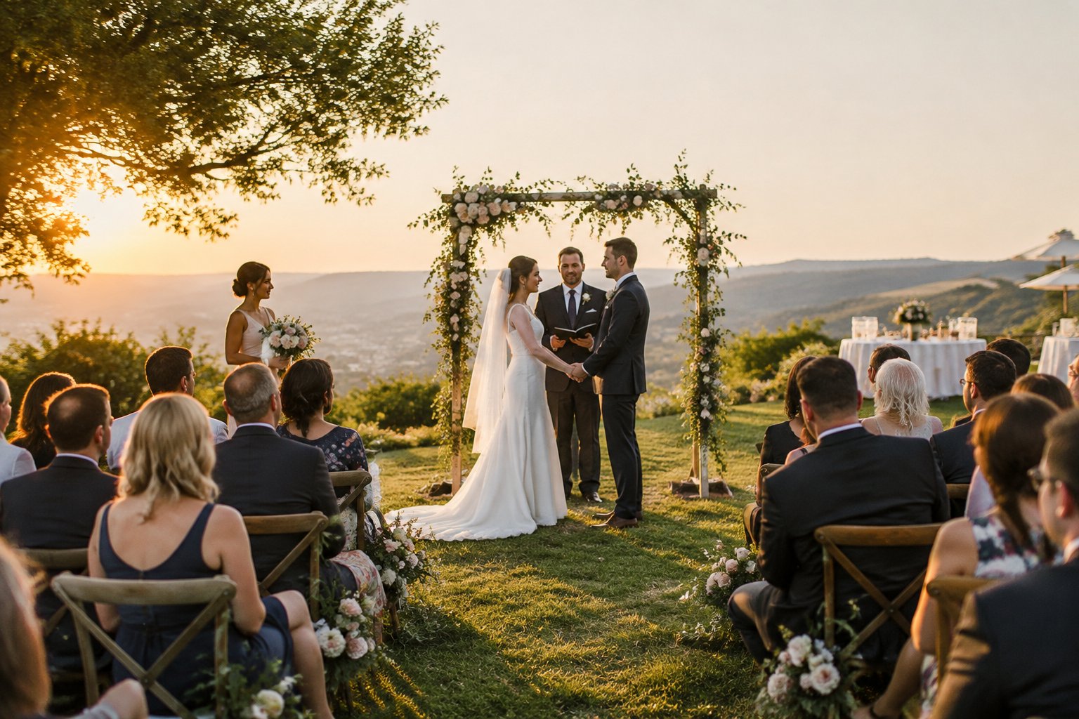 A couple exchanges vows at an outdoor wedding as guests watch in the late-afternoon light.