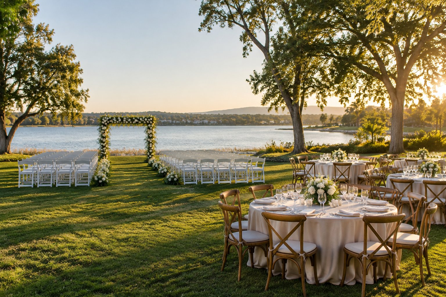 A lakeside lawn arranged for a wedding ceremony beside a reception area with set tables.