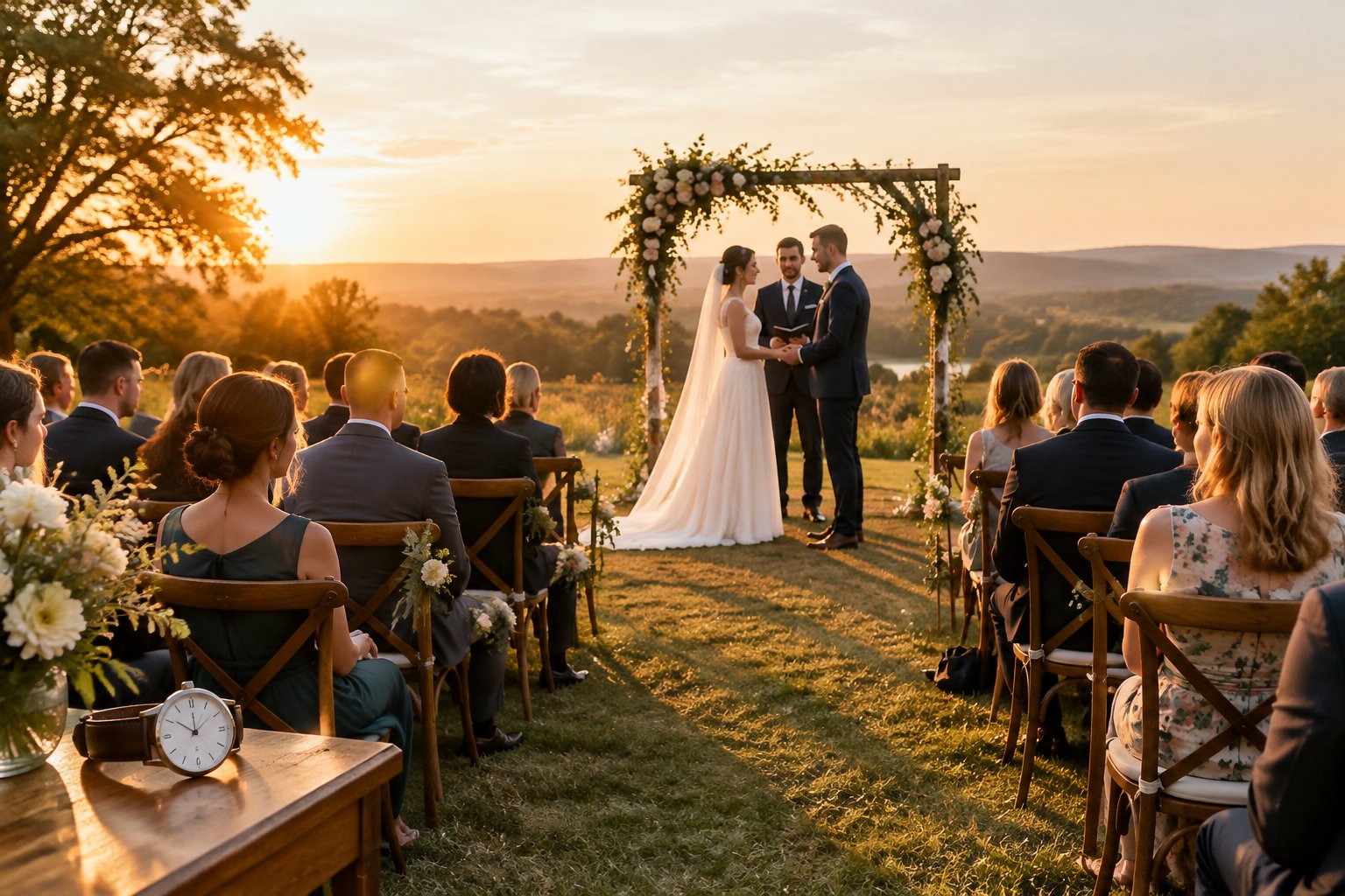 A couple begins their outdoor wedding ceremony as guests watch in the late-afternoon sunlight.