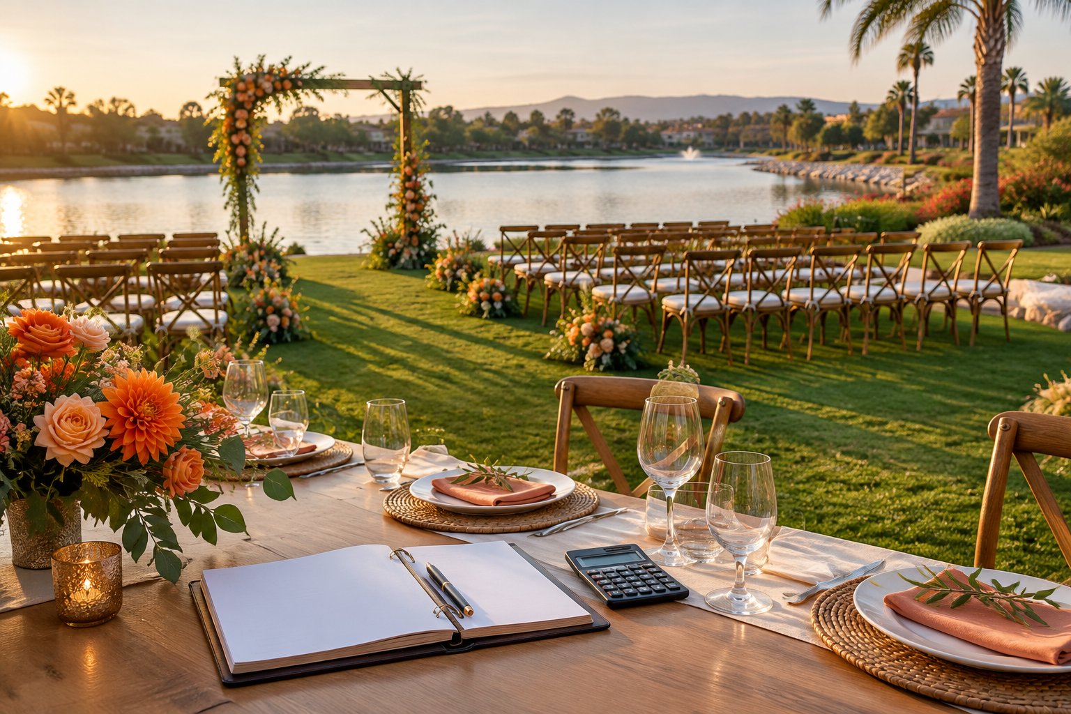 A wedding ceremony setup beside a lake, with orange flowers and a calculator on a reception table.
