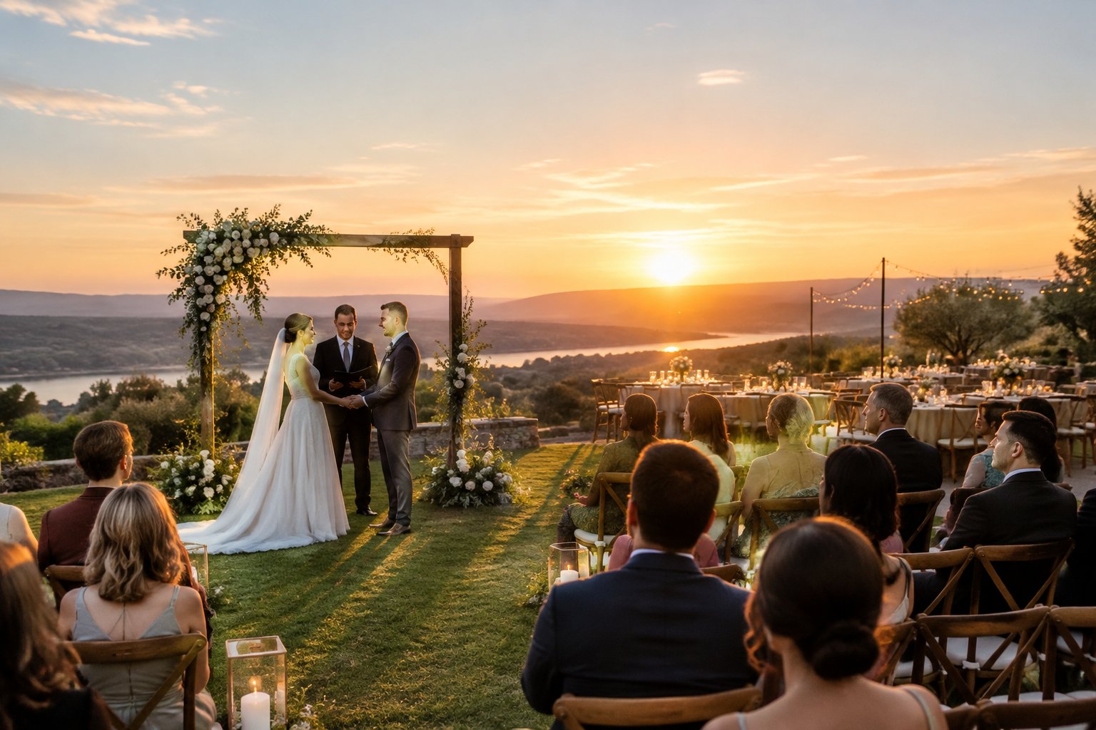 A bride and groom stand beneath a floral arch as guests gather for an evening wedding.