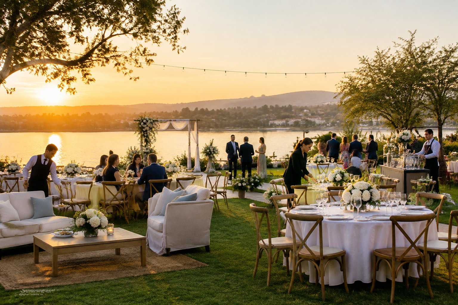 A lakeside wedding reception with arranged tables, floral centerpieces, and staff serving guests.