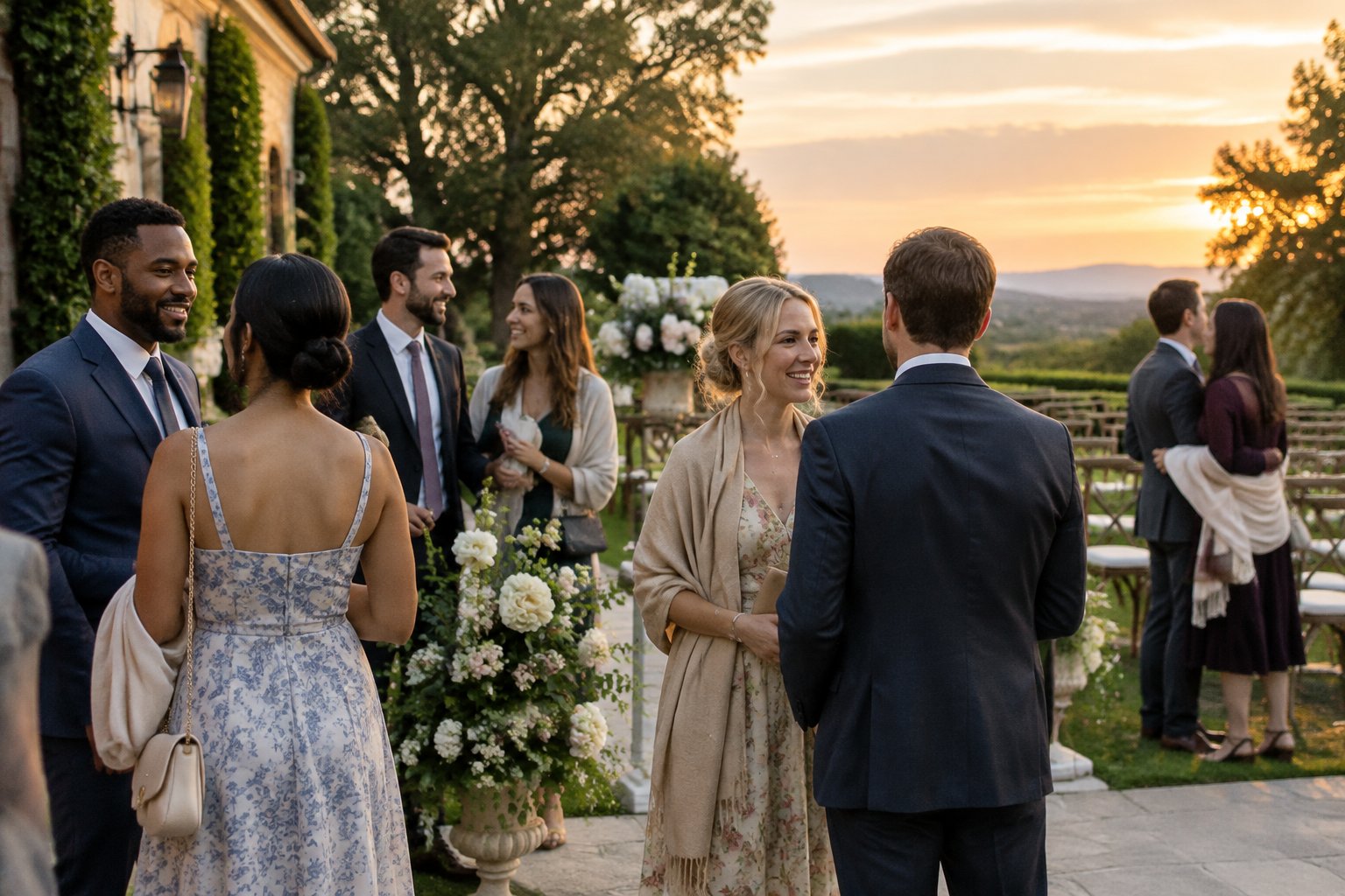 Wedding guests arrive at a garden venue in the late afternoon.