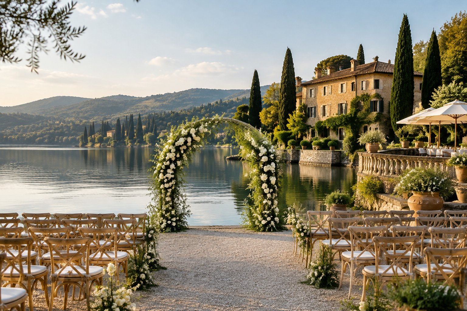 A wedding ceremony setup beside a lake with a villa and hills in the background.