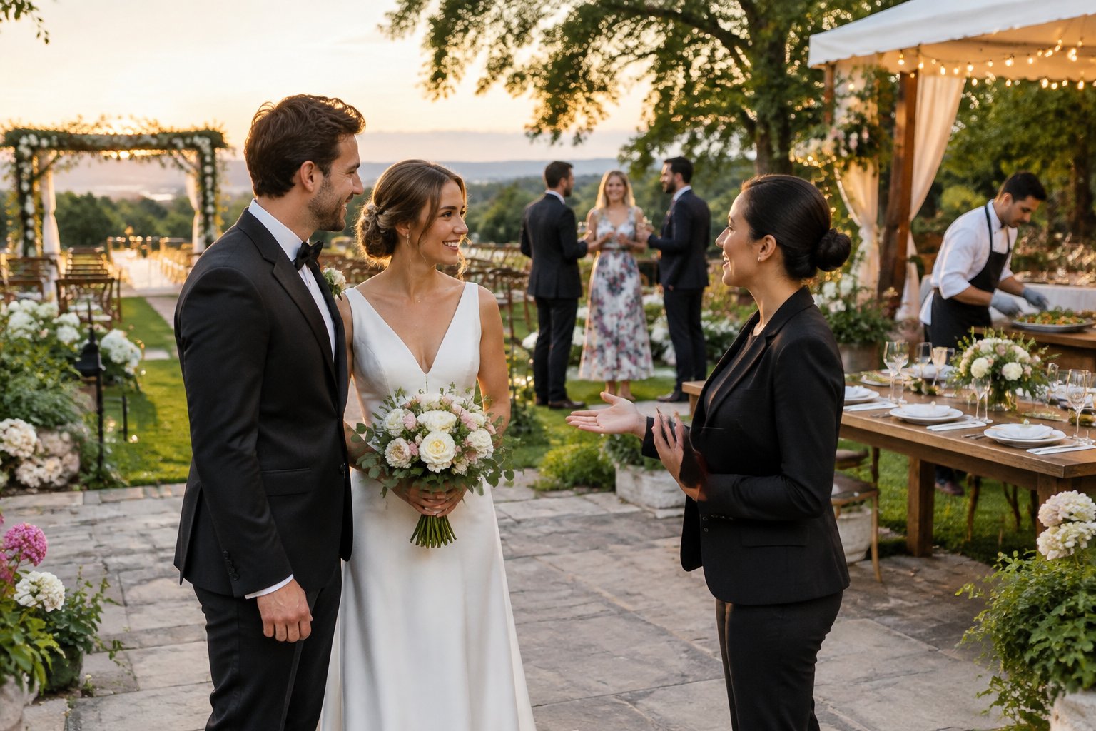 A couple arrives at an outdoor wedding as guests and venue staff prepare for the evening.