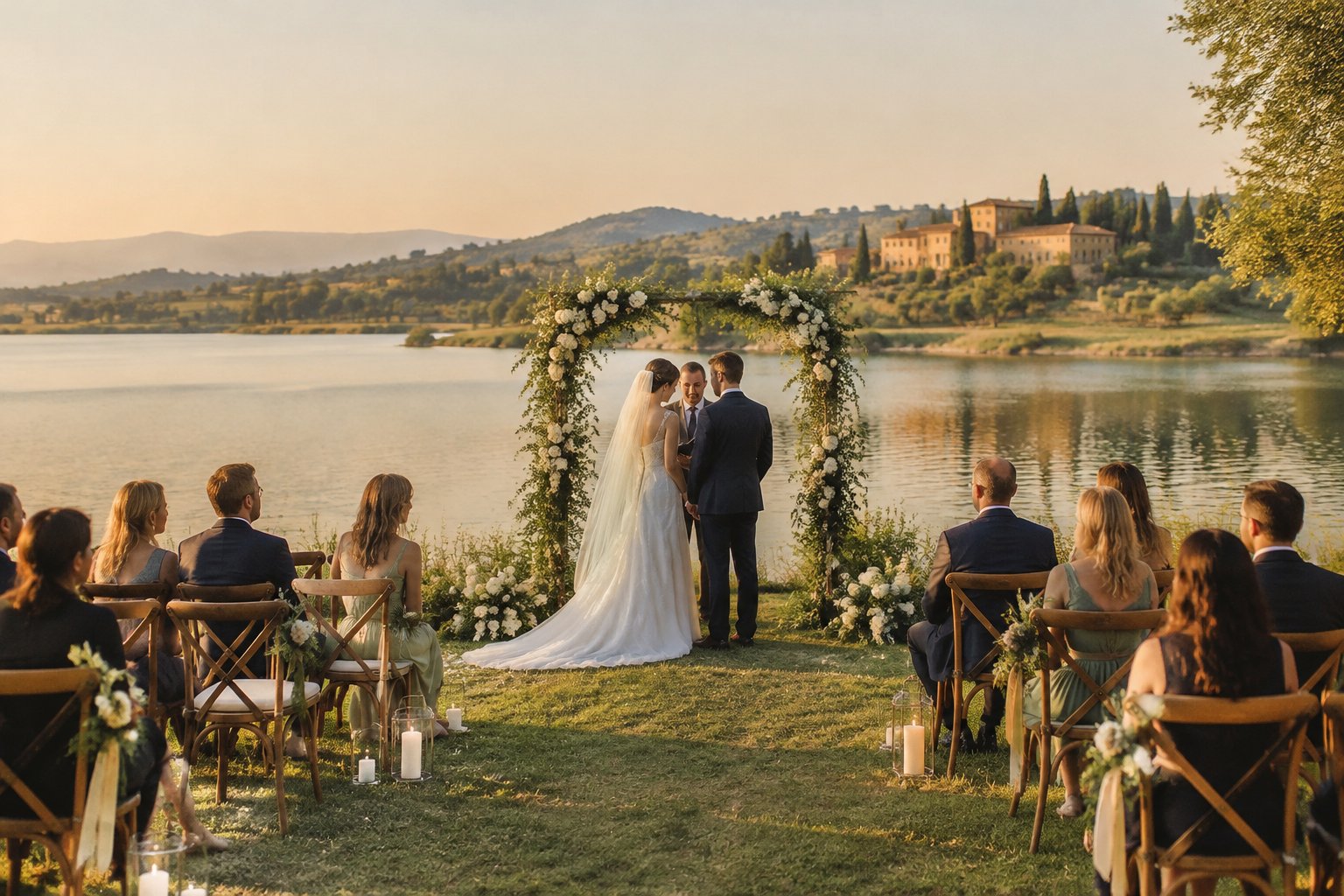 A wedding ceremony beside a calm lake in the Tuscan countryside.