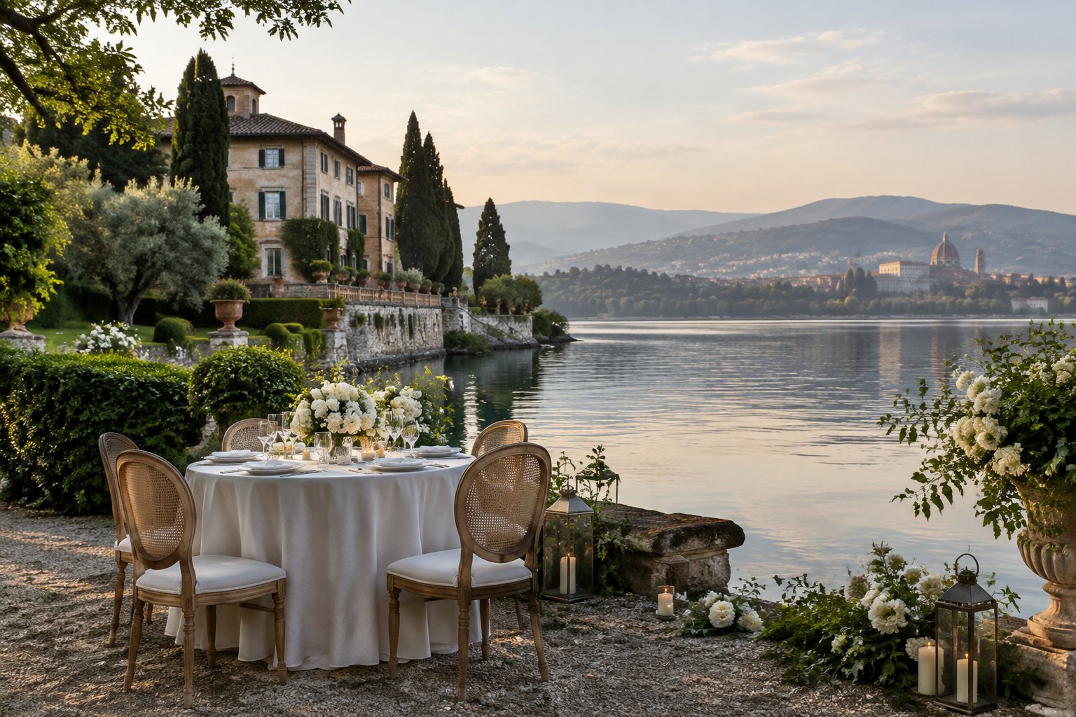 A wedding reception table beside a lake, with gardens and a historic villa nearby.