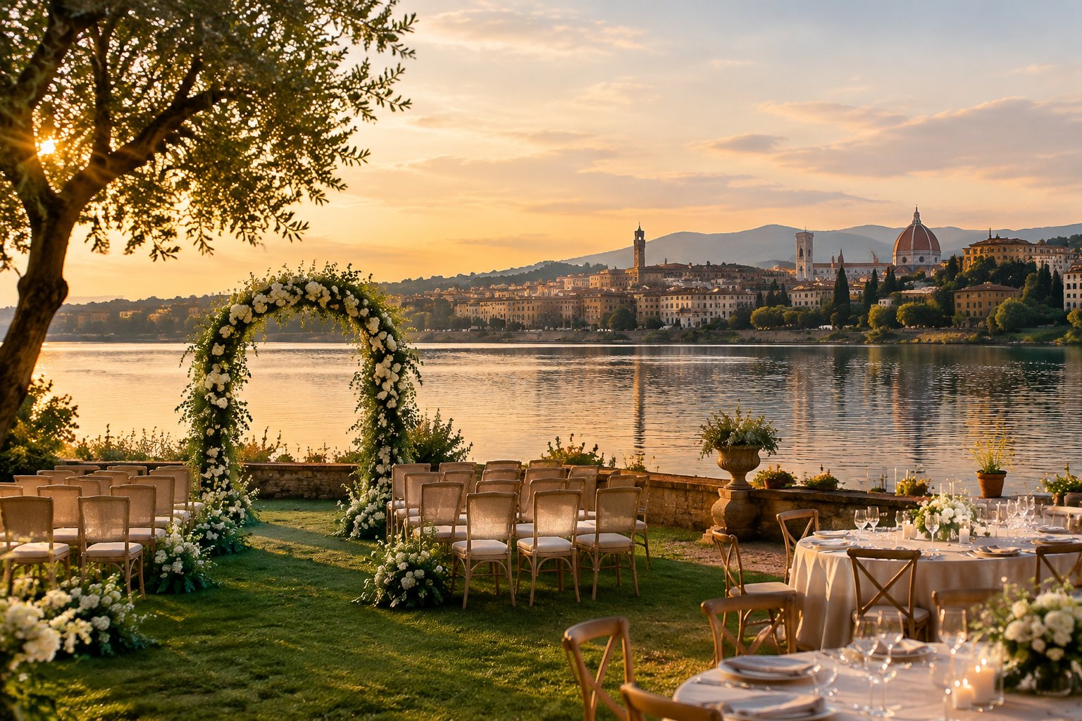 A lakeside wedding ceremony and reception setup with Florence in the distance.