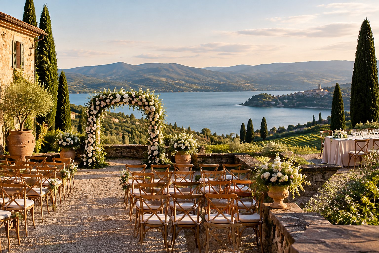 A wedding ceremony terrace overlooking a lake and the Tuscan hills.