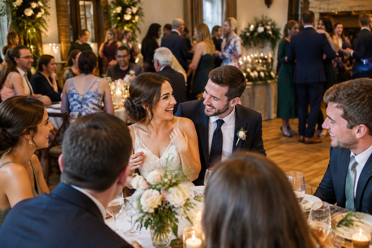 A couple celebrates their wedding reception with friends and family gathered around them.