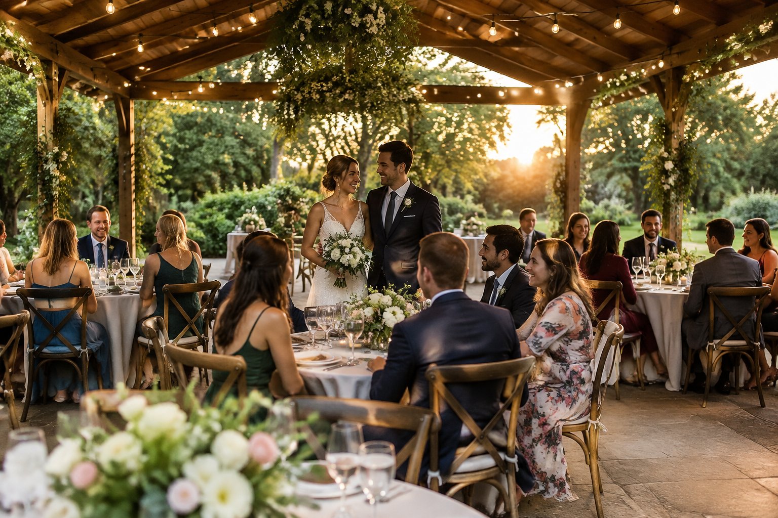 A couple celebrates with guests at an intimate wedding reception in a garden pavilion.
