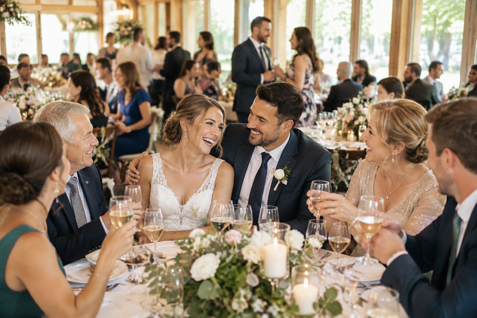 A newly married couple celebrates with family and friends at an intimate wedding reception.