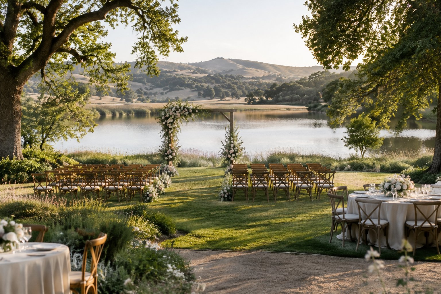 An outdoor wedding ceremony setup beside a calm lake, surrounded by trees and rolling hills.