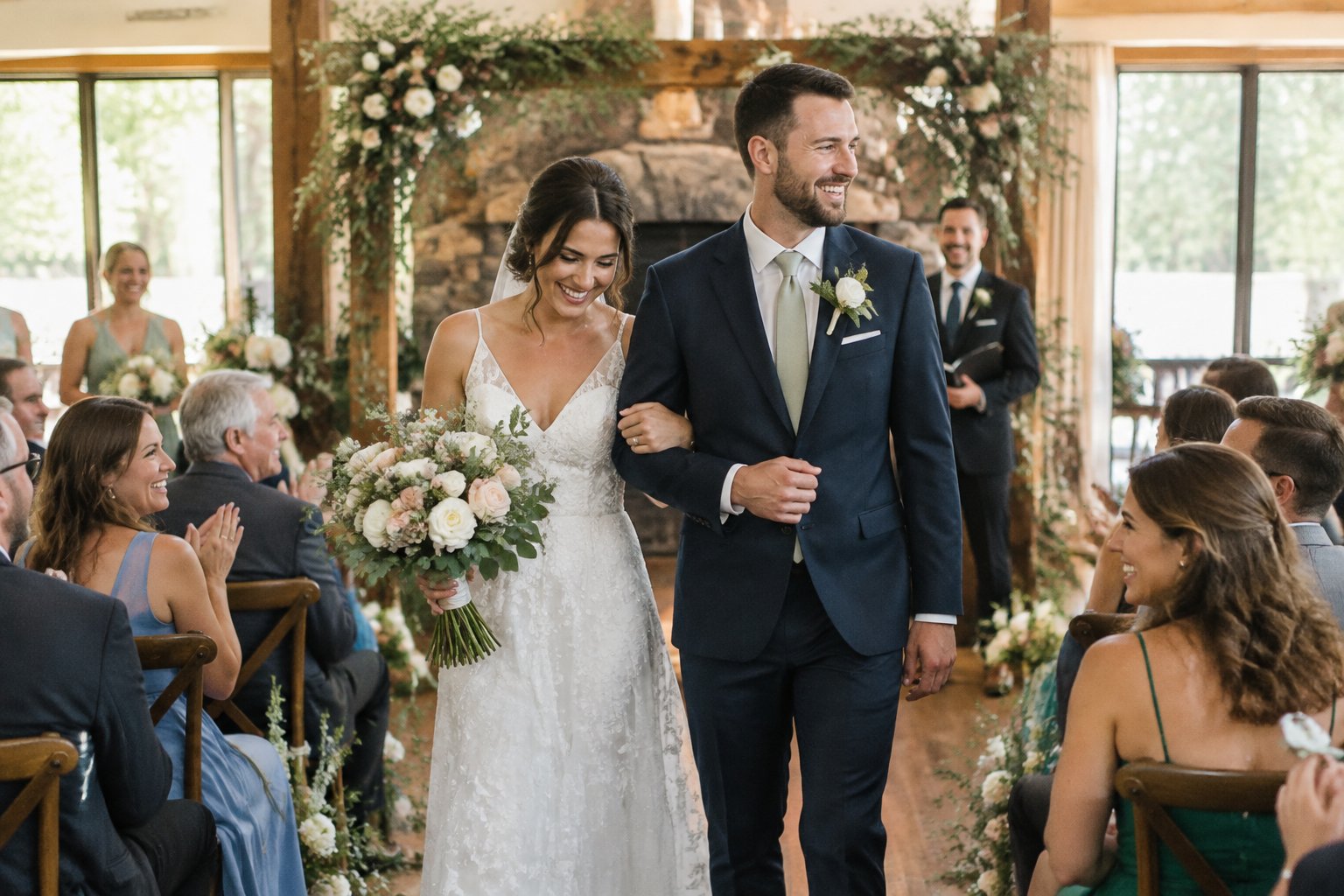 A couple celebrates their wedding with a small gathering of guests.
