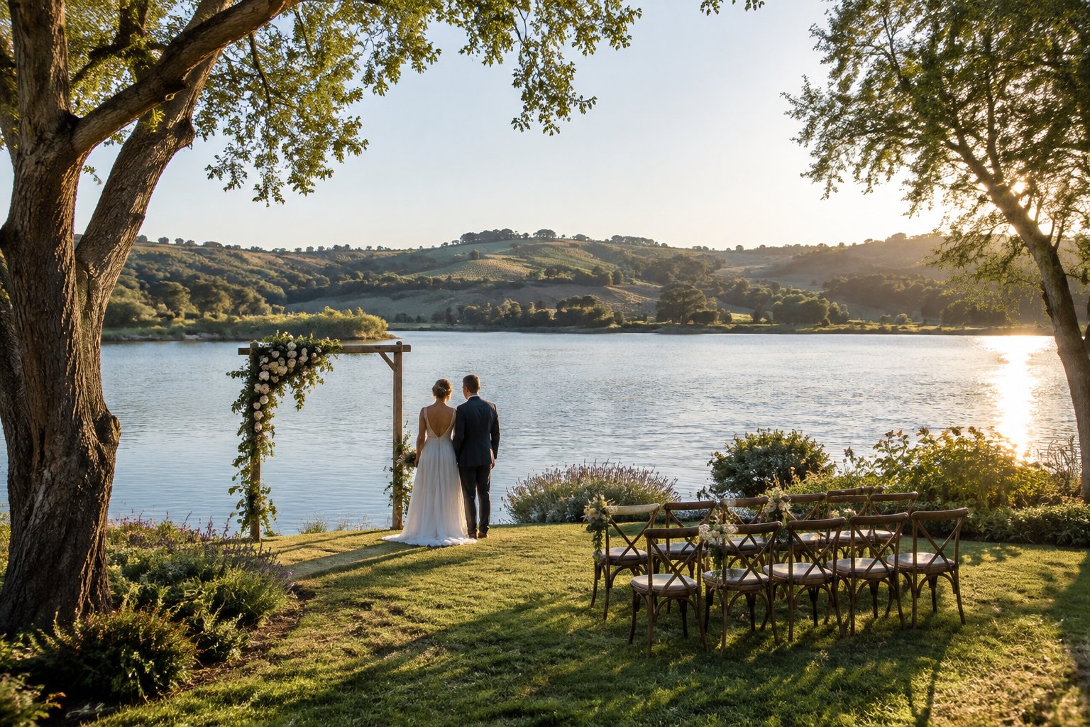 A couple stands beside a lake at an outdoor wedding ceremony.
