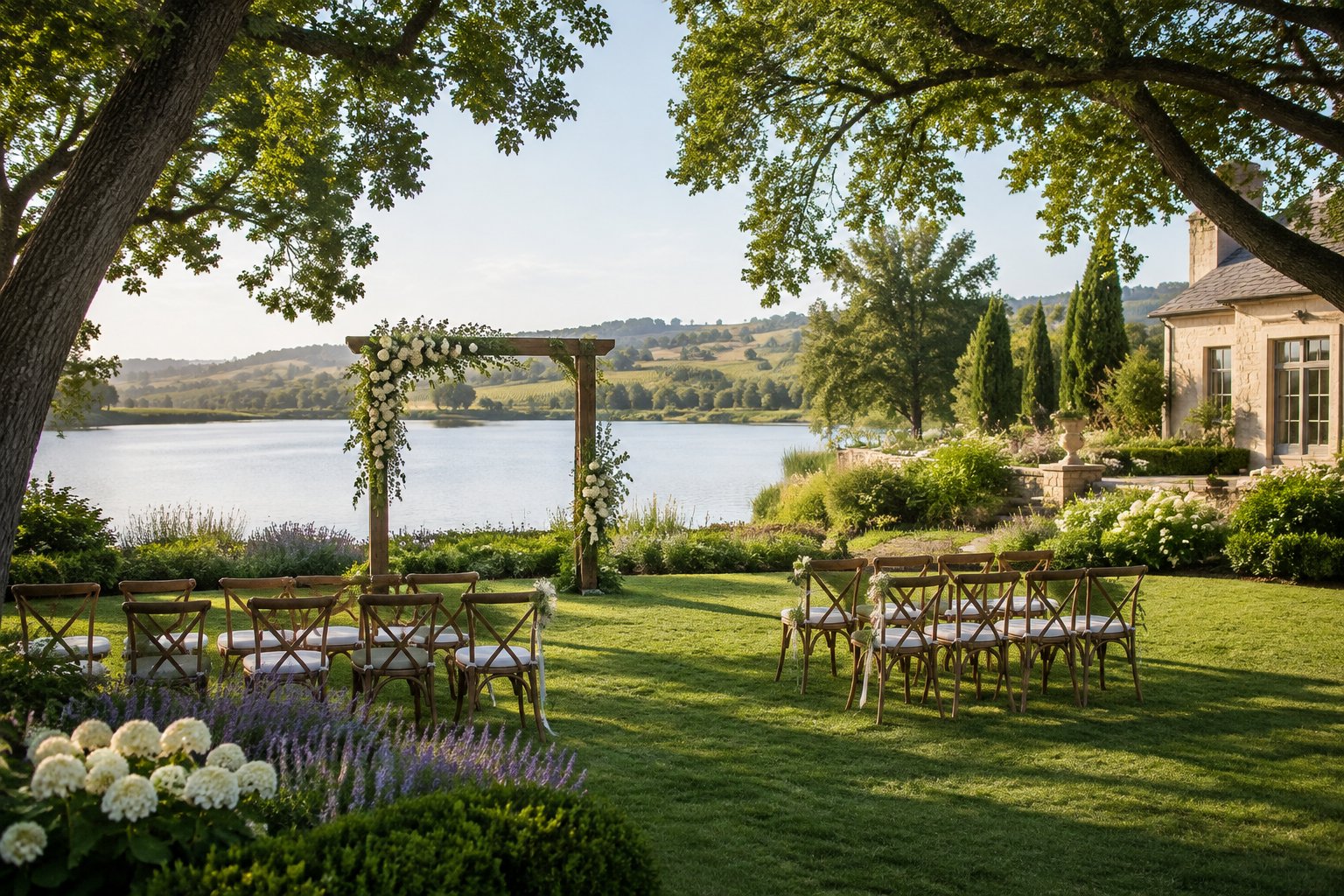 A garden wedding ceremony setup beside a calm lake.