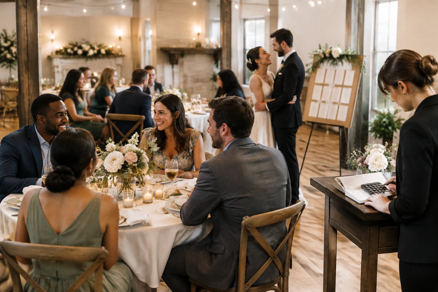 A couple celebrates with guests at an intimate wedding reception.