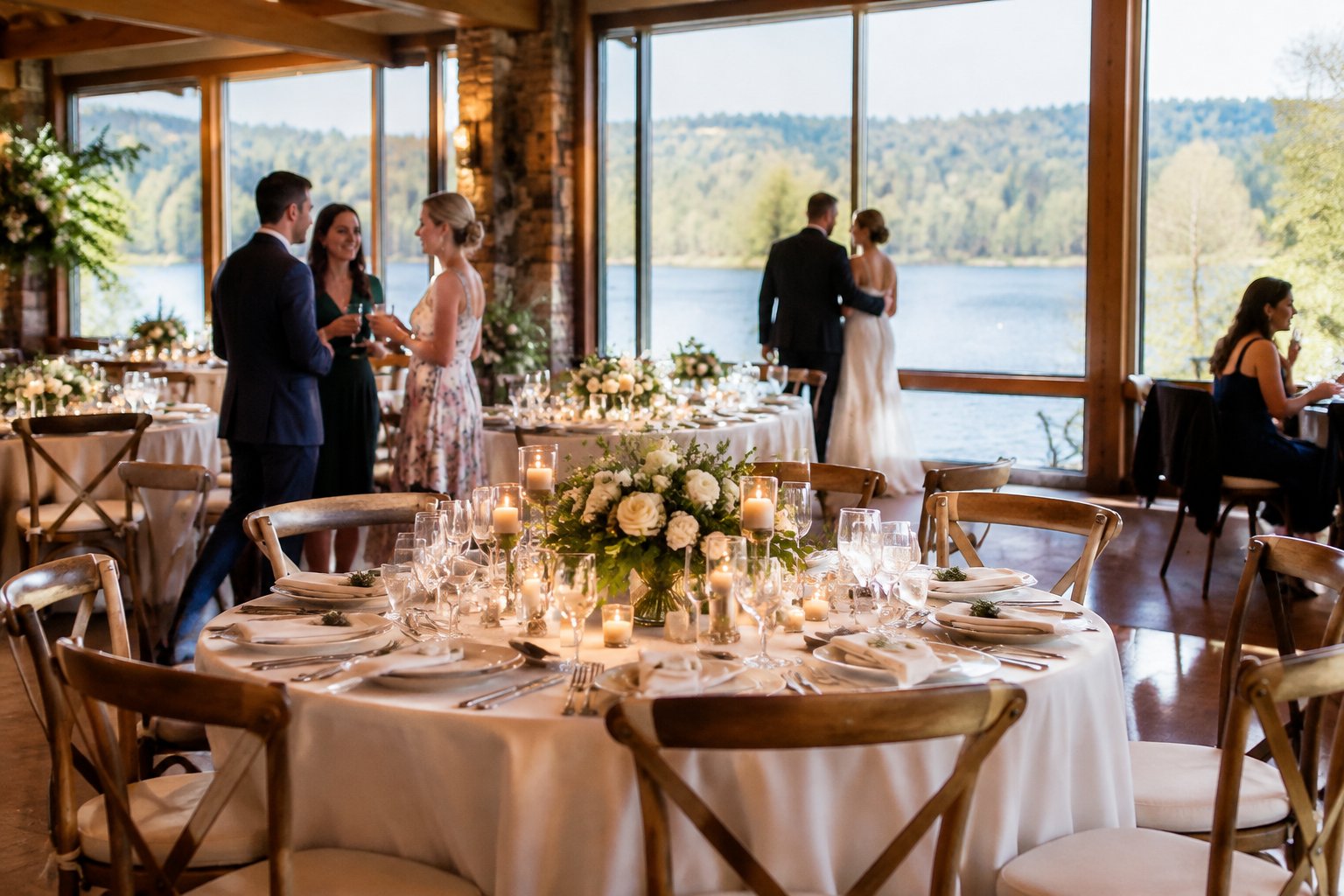 Guests gather for a wedding reception in a bright lakeside hall.
