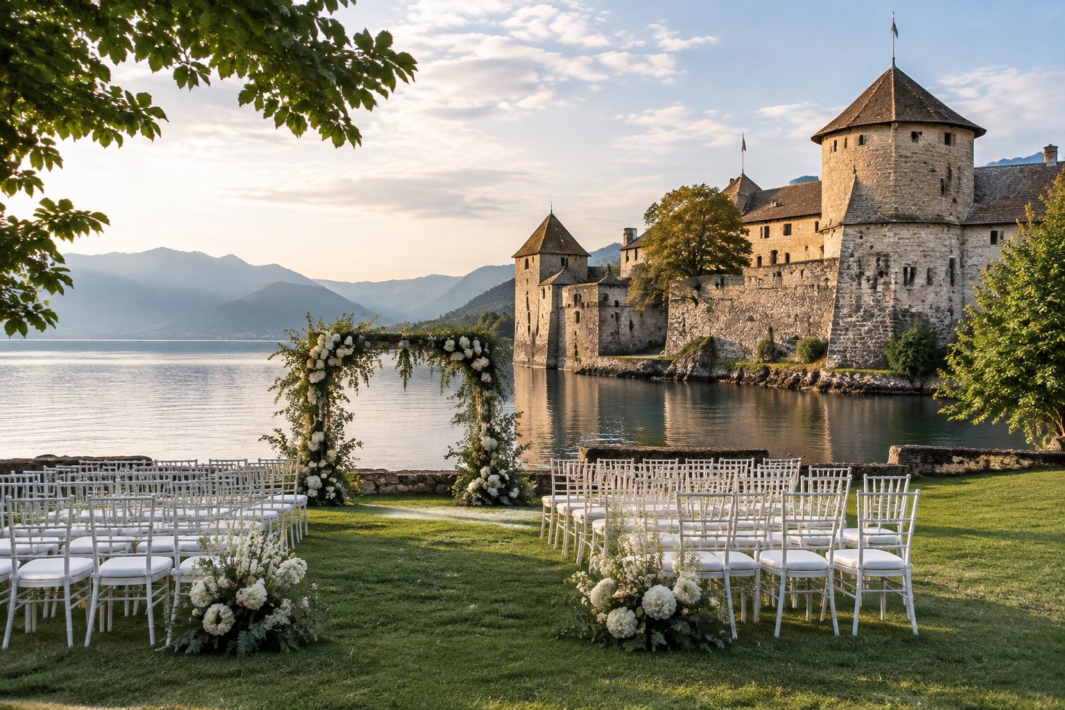 A wedding ceremony setup on a lawn beside a lake, with a historic stone fort in the background.