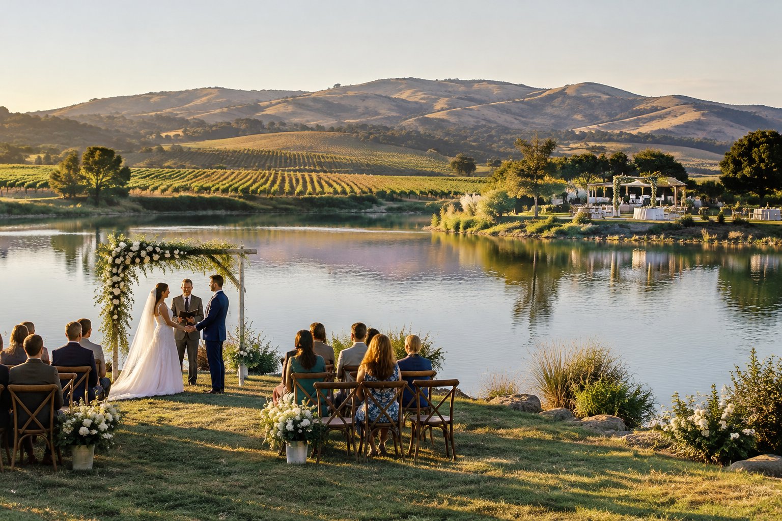 A lakeside wedding ceremony beside vineyards and rolling hills near Petaluma.