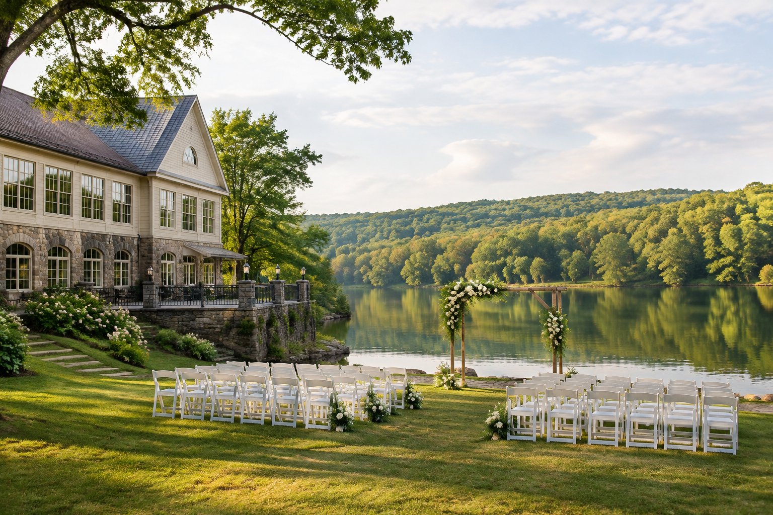 A wedding ceremony setup beside a lakeside hall.