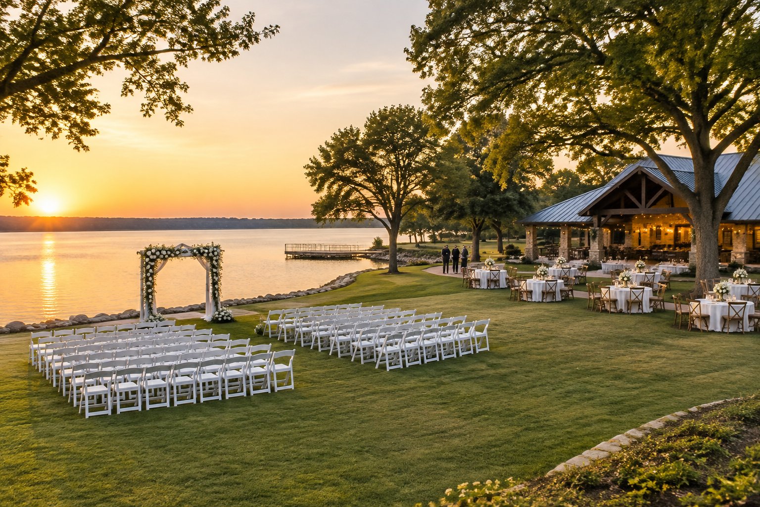 A lakeside wedding ceremony setup beside a reception area with tables.