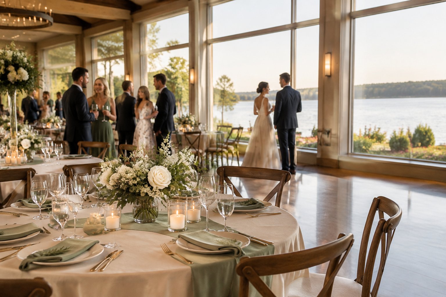 Guests gather for a wedding reception in a hall overlooking a lake.