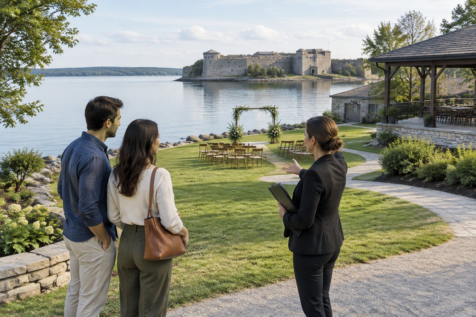 A couple and venue coordinator discuss an outdoor wedding setting beside a lake, with a historic fort in the background.