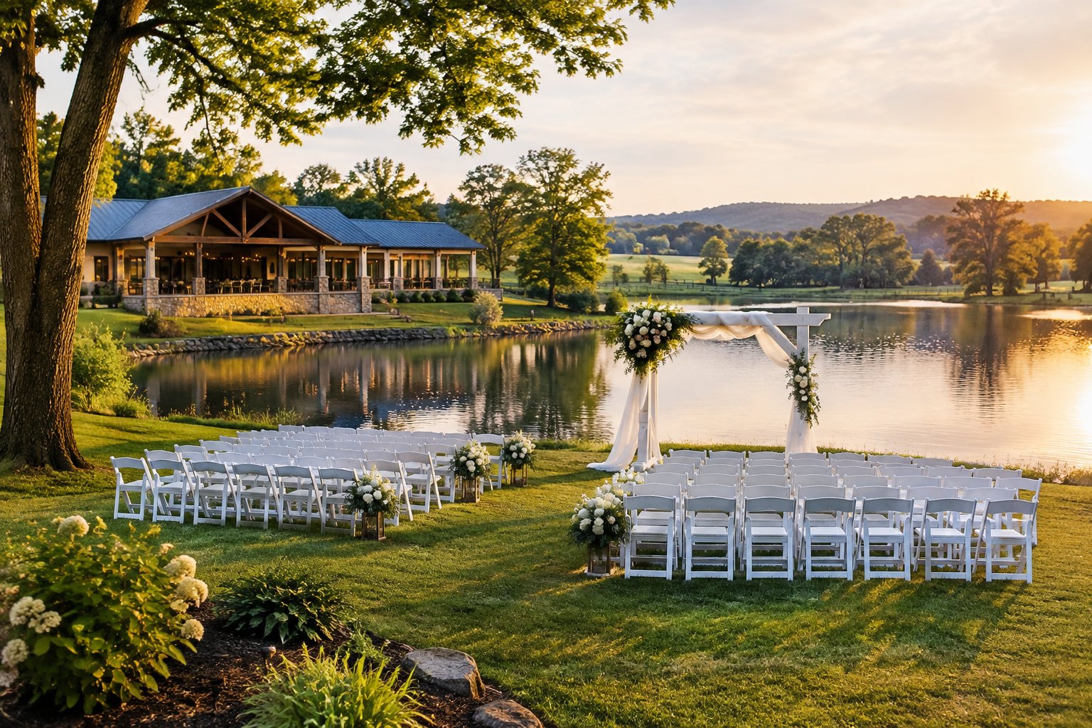 A wedding ceremony setup beside a calm lake with a pavilion and trees nearby.