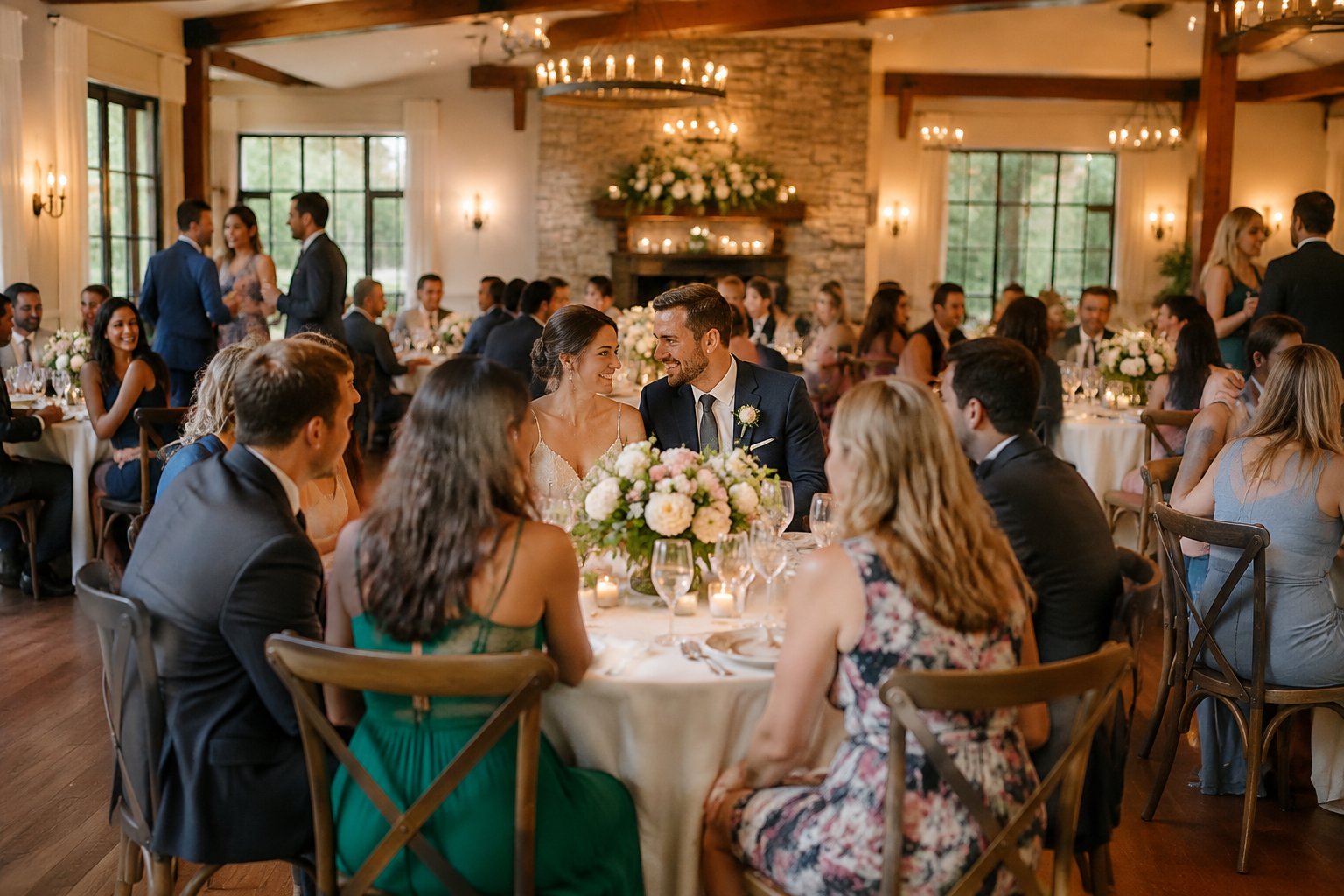 Guests celebrate at a mid-sized wedding reception.