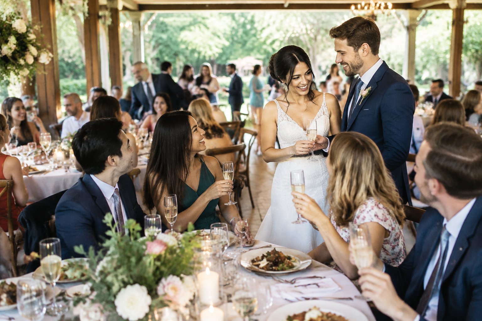 A couple celebrates with friends and family at a wedding reception.