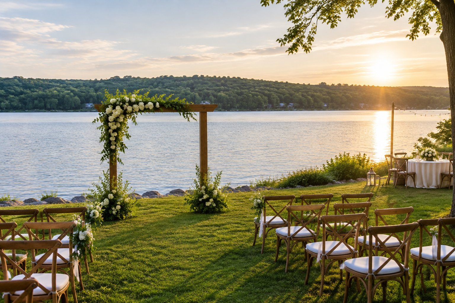 A flower-decorated wedding arch and ceremony chairs beside a calm lake.