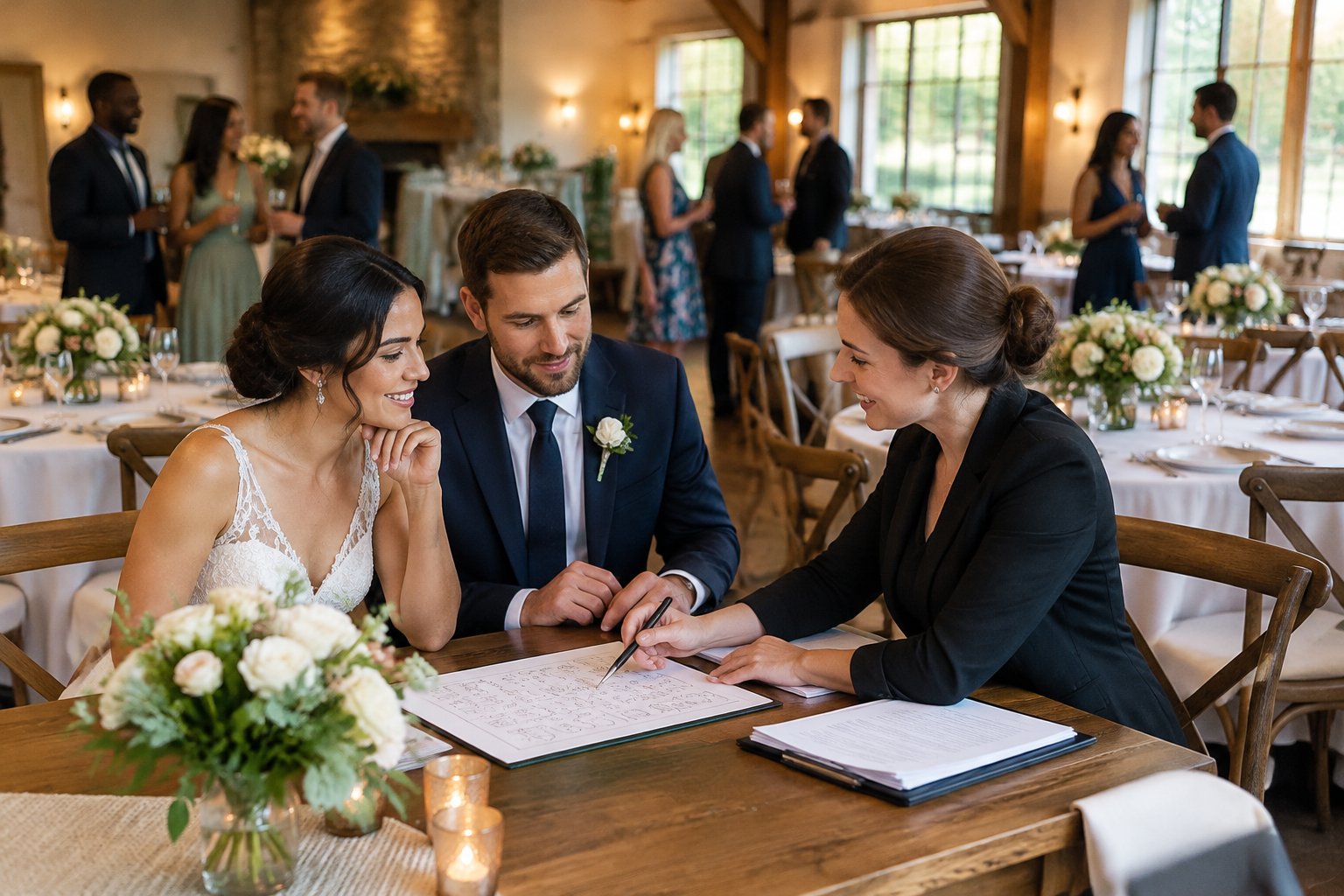 A couple and a coordinator review wedding plans in a reception venue with guests seated at decorated tables.