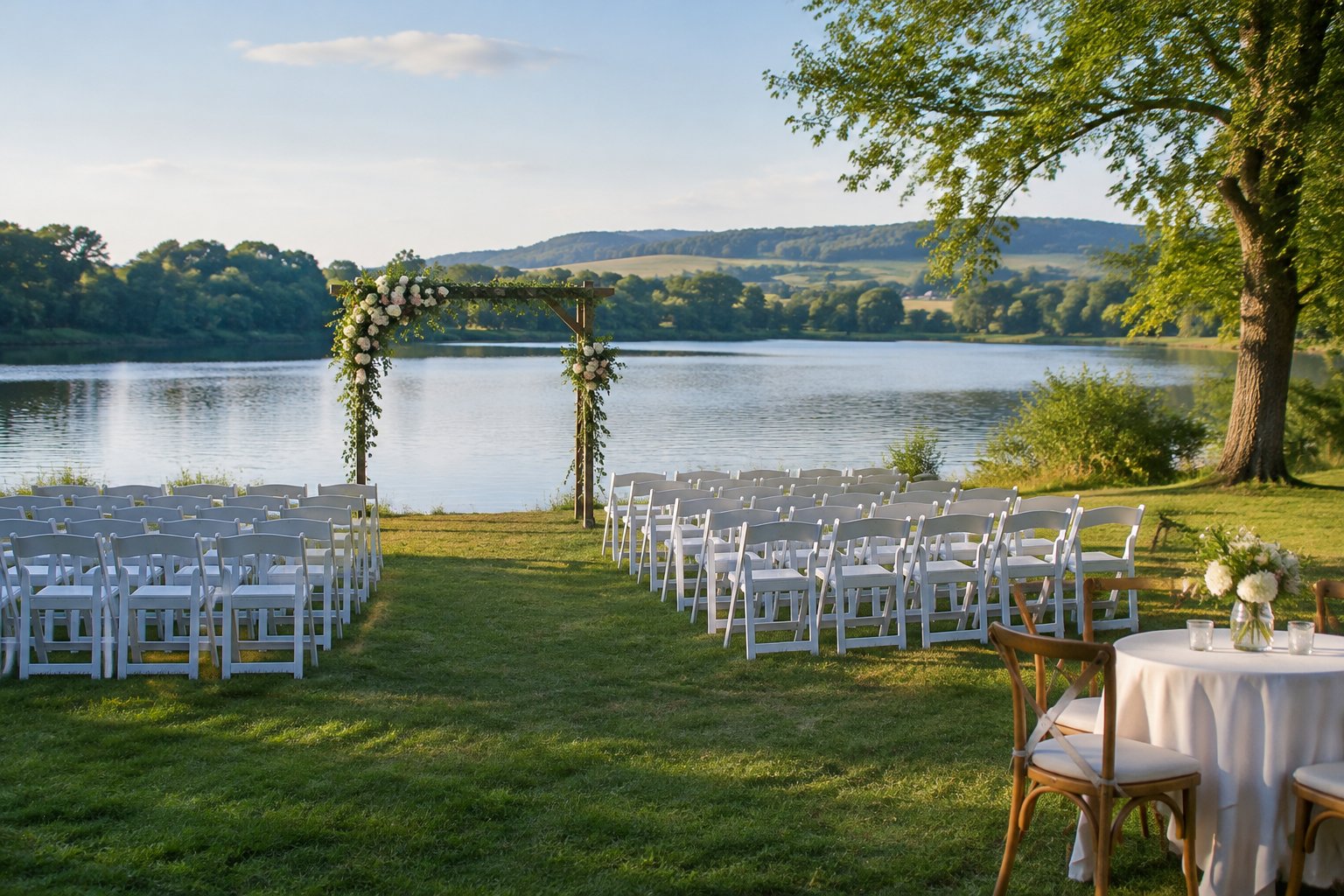 A wedding ceremony setup beside a calm lake with white chairs and a floral arch.
