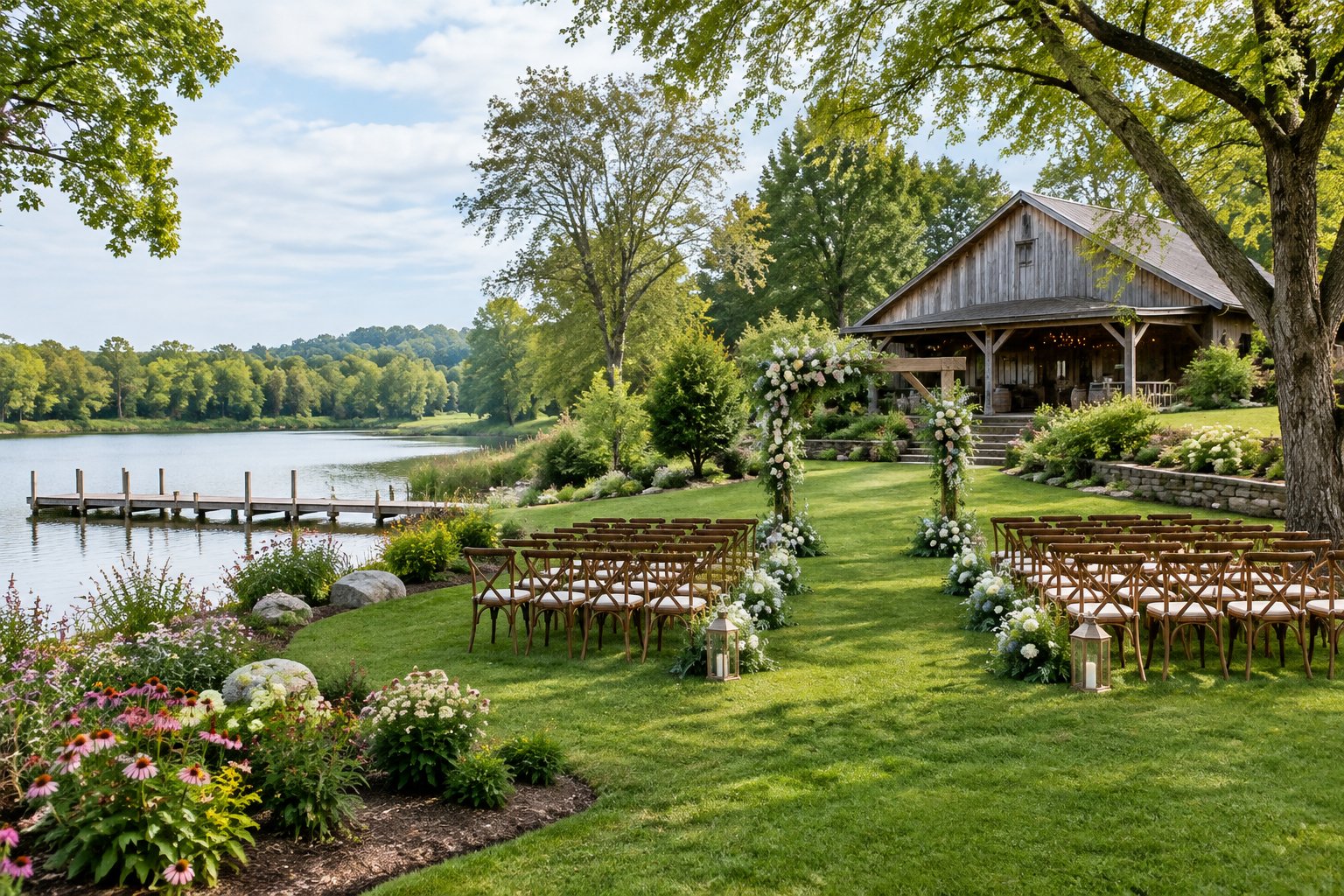 A wedding ceremony setup beside a lake, garden, and rustic pavilion.