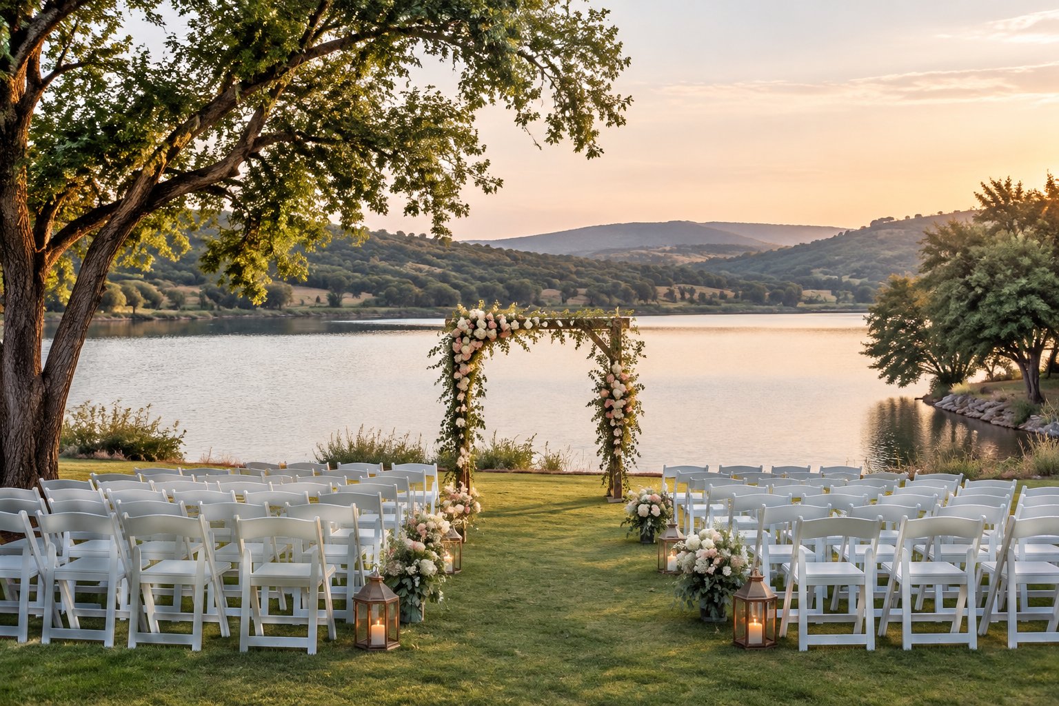 A wedding ceremony setup beside a lake with chairs, flowers, and trees.